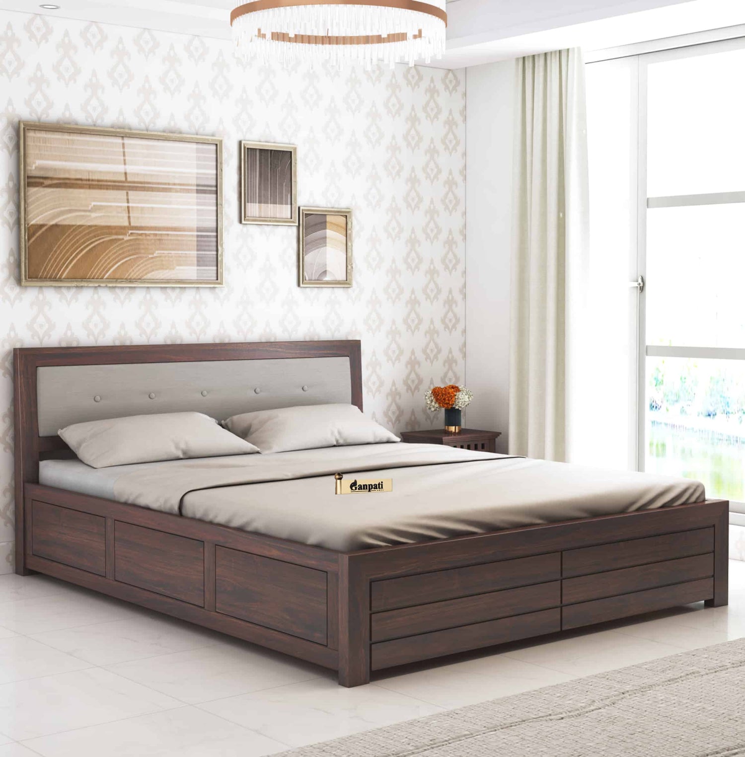Euro Solid Sheesham Wood Bed with Box Storage and Upholstery Headboard -  3 Years Warranty