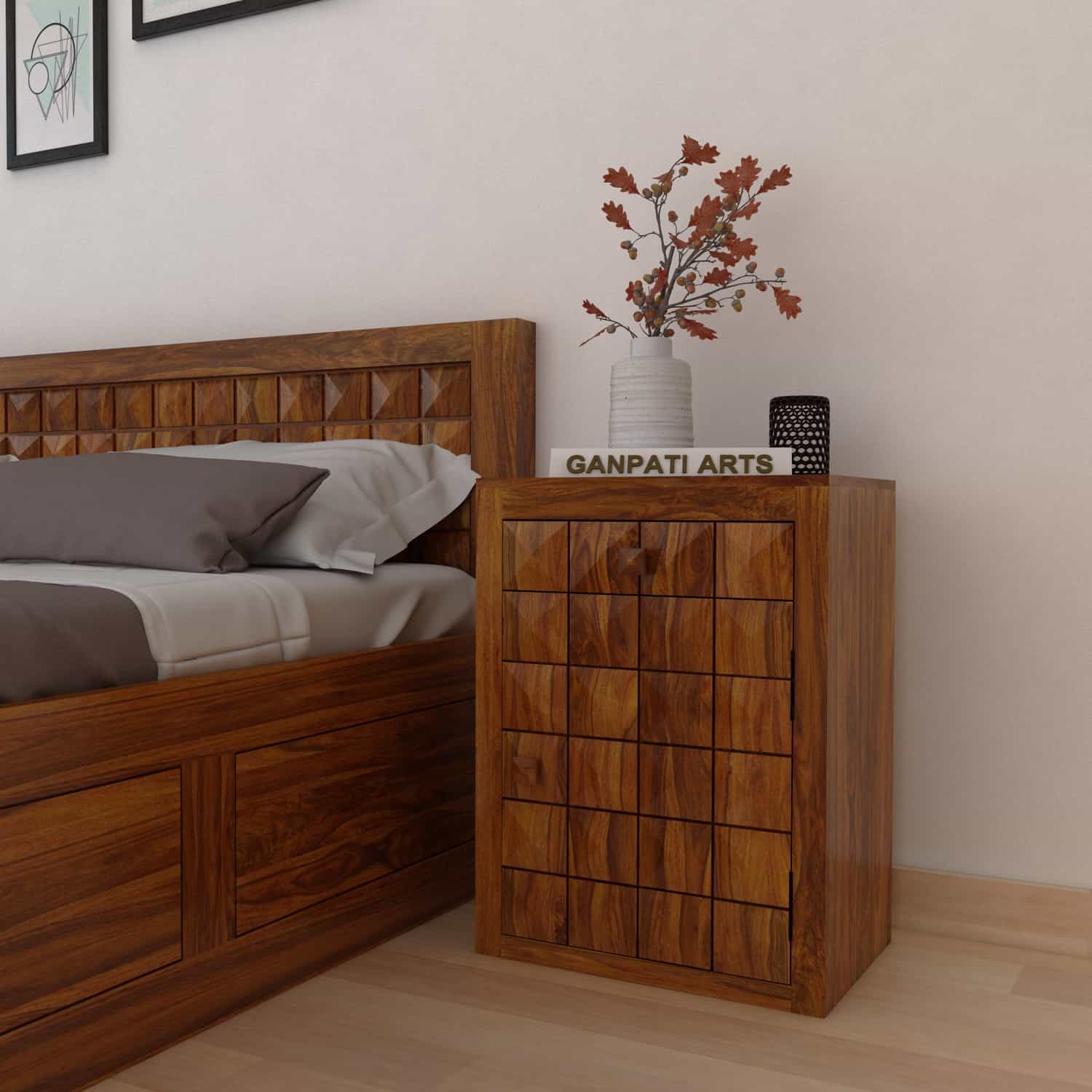 Oslo Solid Sheesham Wood Bedside With Drawer and Door Storage - 3 Years Warranty