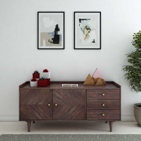 Wave Solid Sheesham Wood Sideboard Storage Unit With Two Doors and Three Drawers - 1 Year Warranty