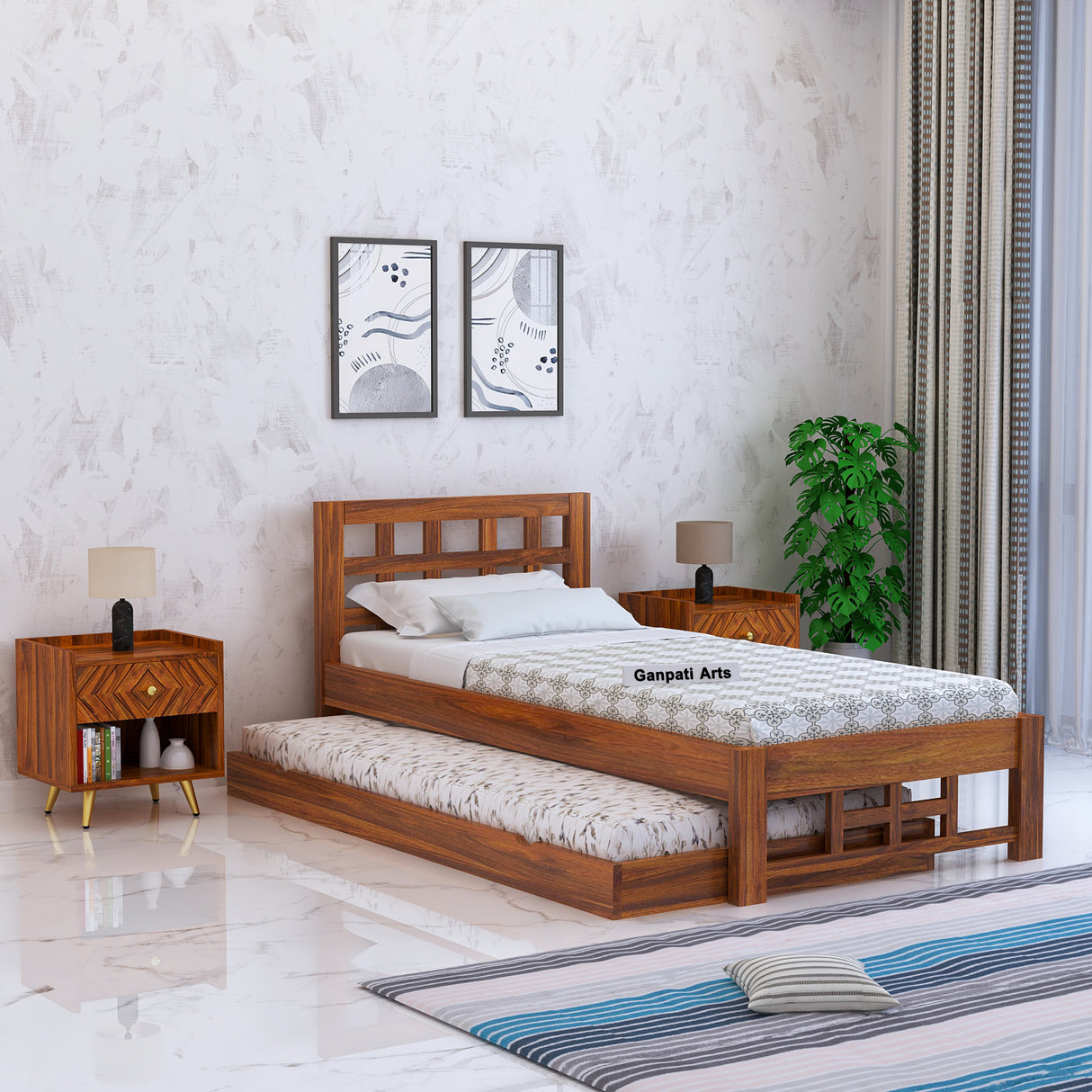Simons Solid Sheesham Wood Single Trundle Bed - 3 Years Warranty