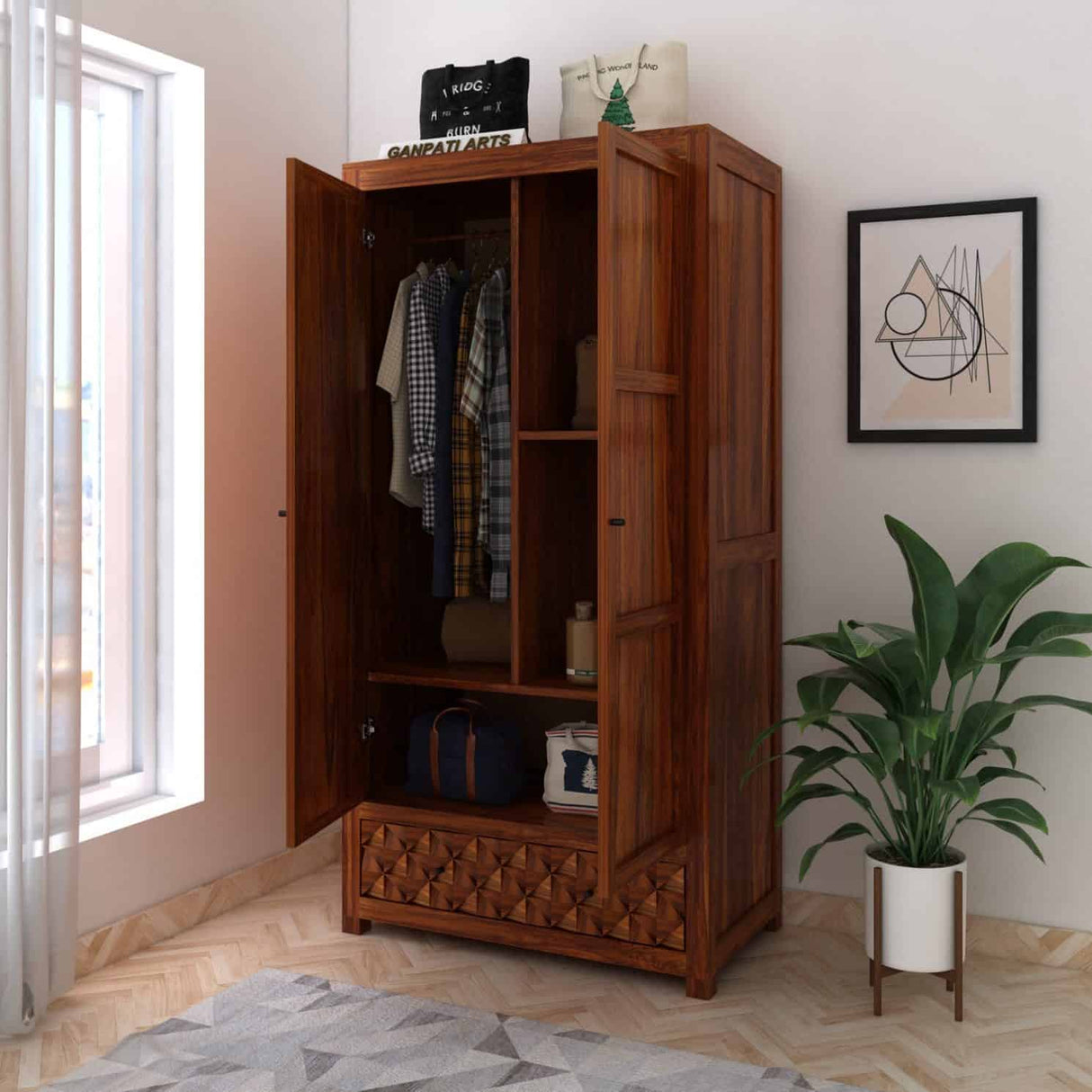 Raj Two Door and One Drawer Storage Solid Sheesham Wood Wardrobe - 3 Years Warranty