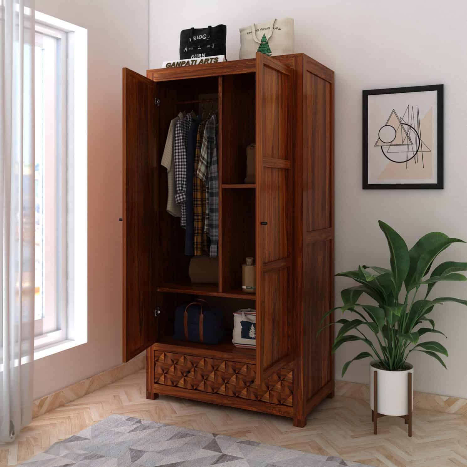 Raj Two Door and One Drawer Storage Solid Sheesham Wood Wardrobe - 3 Years Warranty