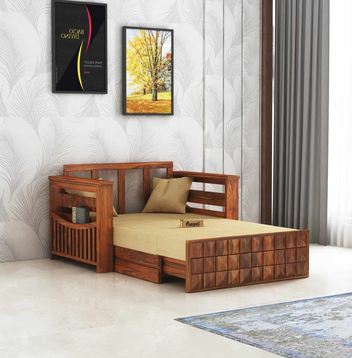 OSLO Solid Sheesham Wood Two Seater Sofa Cum Bed With Side Pocket - 3 Years Warranty
