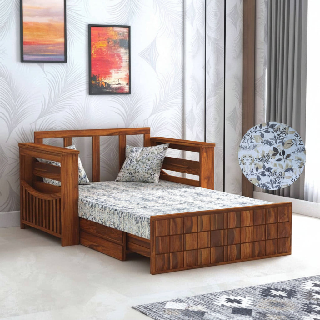 OSLO Solid Sheesham Wood 2 Seater Sofa Cum Bed With Side Pocket FLORAL - 3 Years Warranty
