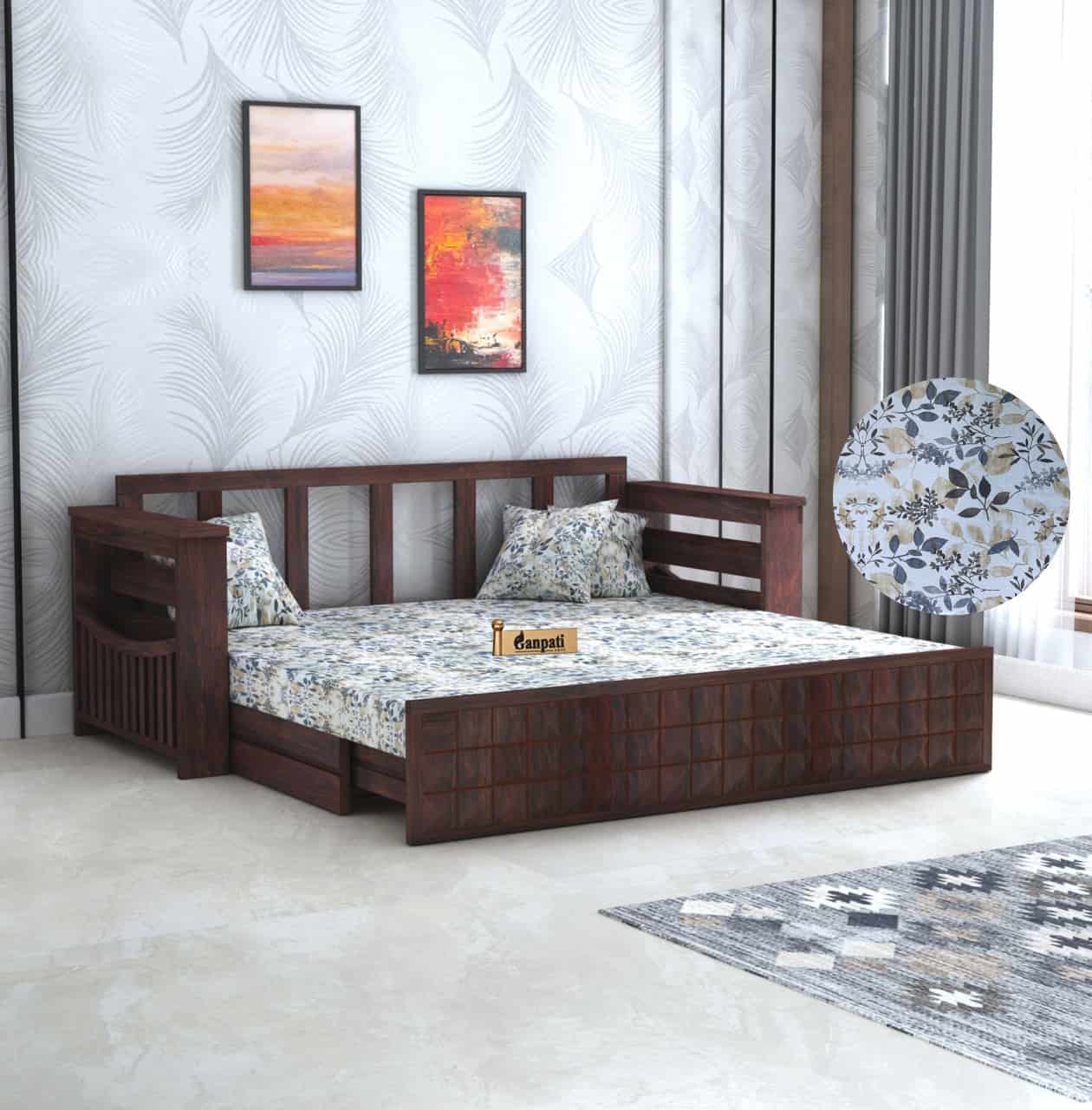 OSLO Solid Sheesham Wood 3 Seater Sofa Cum Bed With Side Pockets FLORAL - 3 Years Warranty