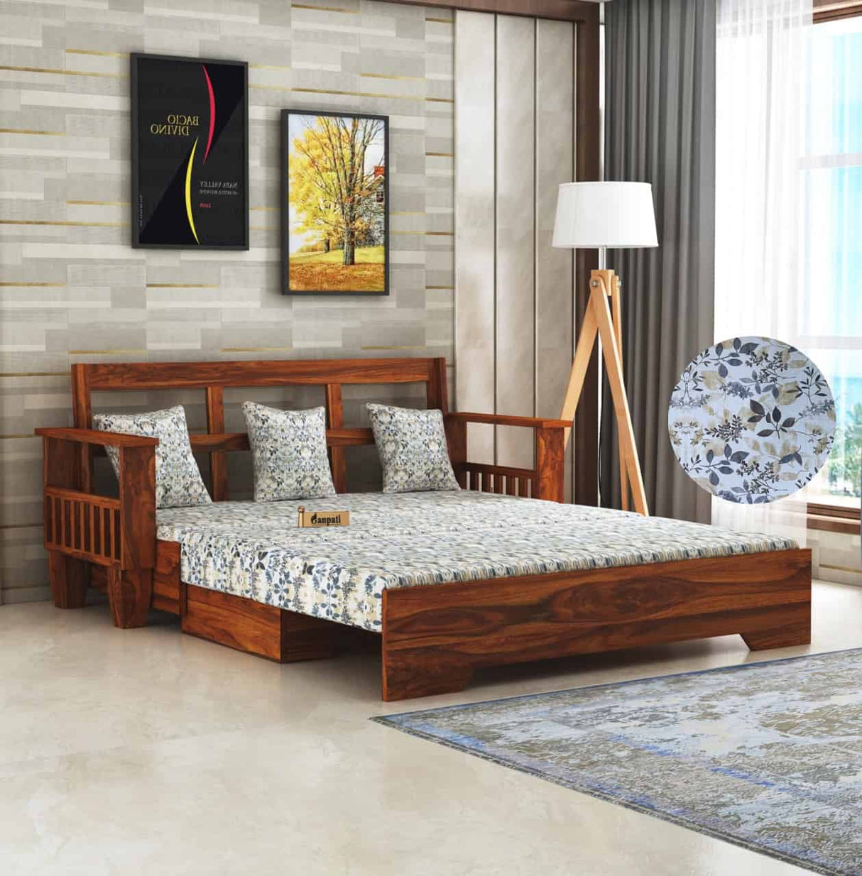 Maharaja Solid Sheesham Wood 3 Seater Sofa Cum Bed With Side Pockets FLORAL - 3 Years Warranty