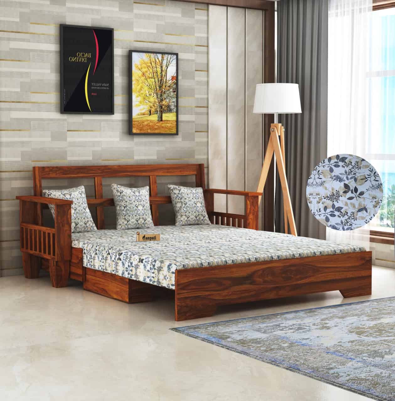Maharaja Solid Sheesham Wood 3 Seater Sofa Cum Bed With Side Pockets FLORAL - 3 Years Warranty