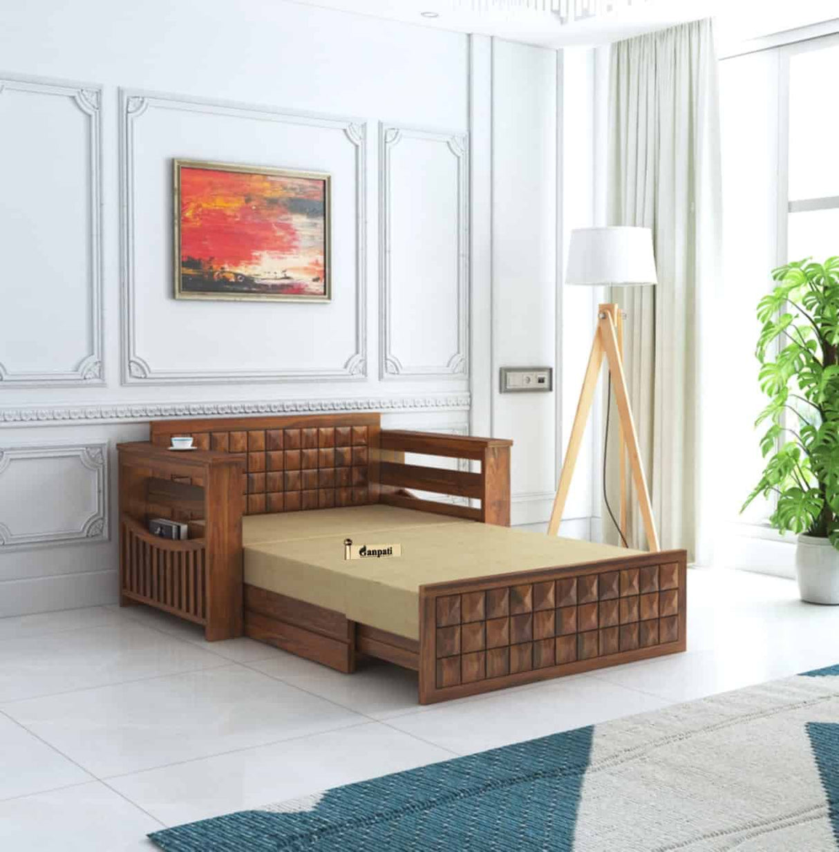 OSLO Solid Sheesham Wood 2 Seater Sofa Cum Bed With Headboard and Mini Storage - 3 Years Warranty