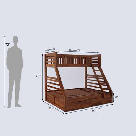 Intalian Solid Sheesham Bunk Bed With Drawer Storage - 1 Year Warranty