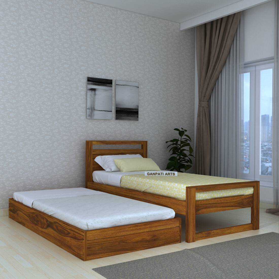 RIO Solid Sheesham Wood Trundle Bed With Storage - 3 Years Warranty