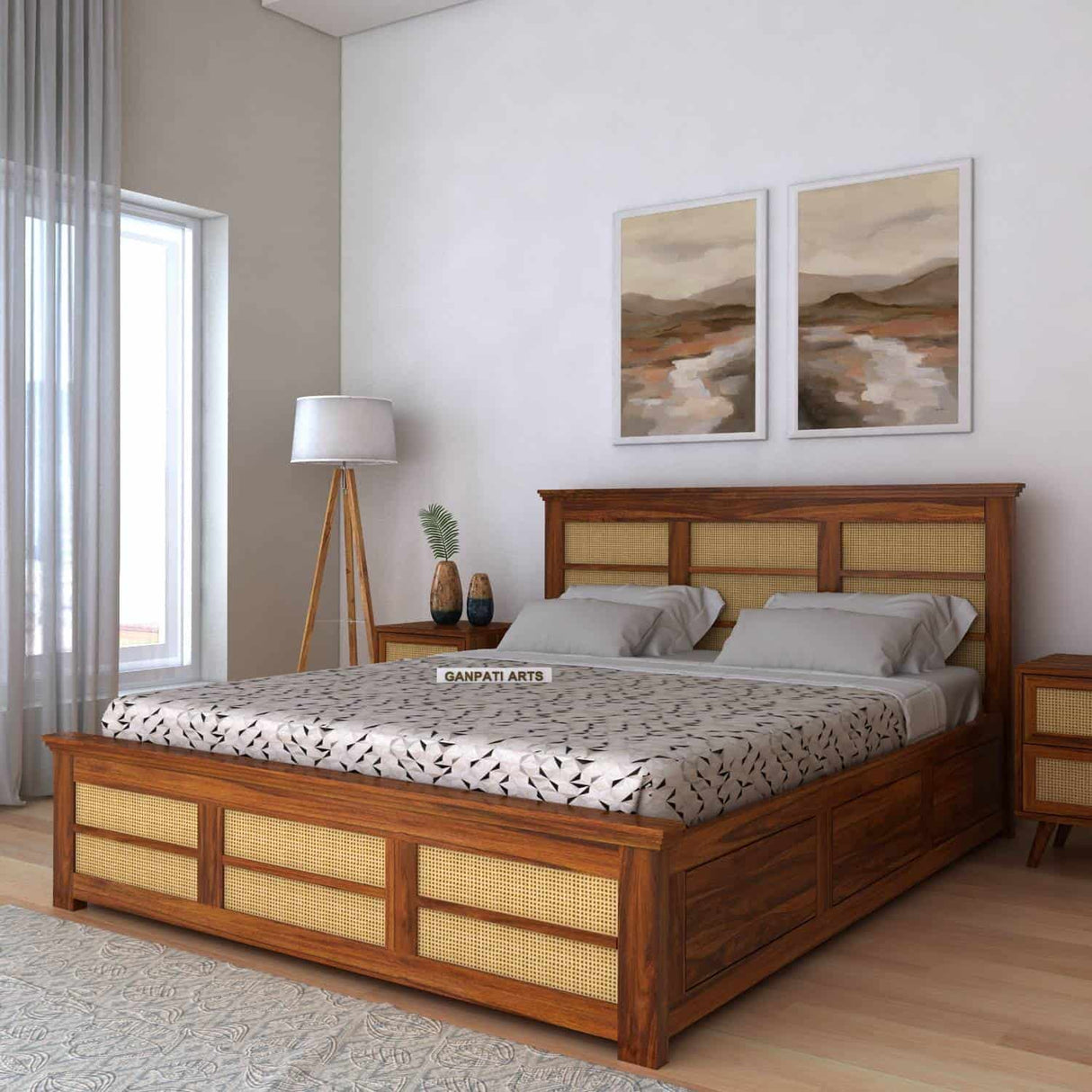 Syrus Solid Sheesham Wood Cane Bed With Box Storage Bed - 3 Years Warranty