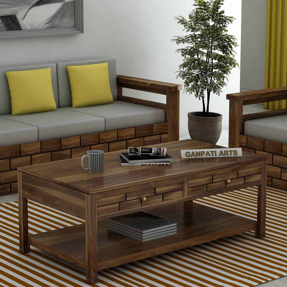 Italian Solid Sheesham Wood Coffee Table With Two Drawer - 3 Years Warranty