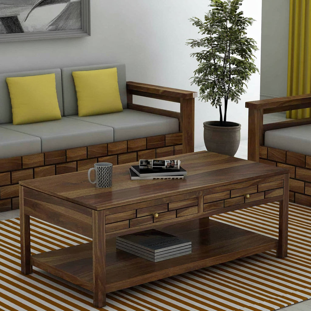 Italian Solid Sheesham Wood Coffee Table With Two Drawer - 3 Years Warranty