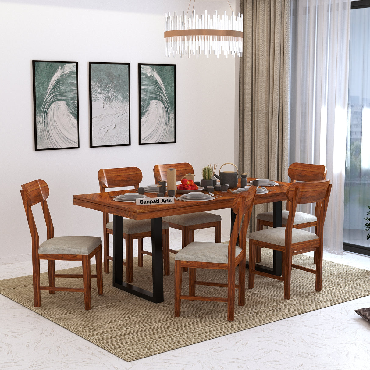 Wave Solid Sheesham Wood 6 Seater Dining Set With Iron Legs(Wave Detailing Top) - 3 Years Warranty