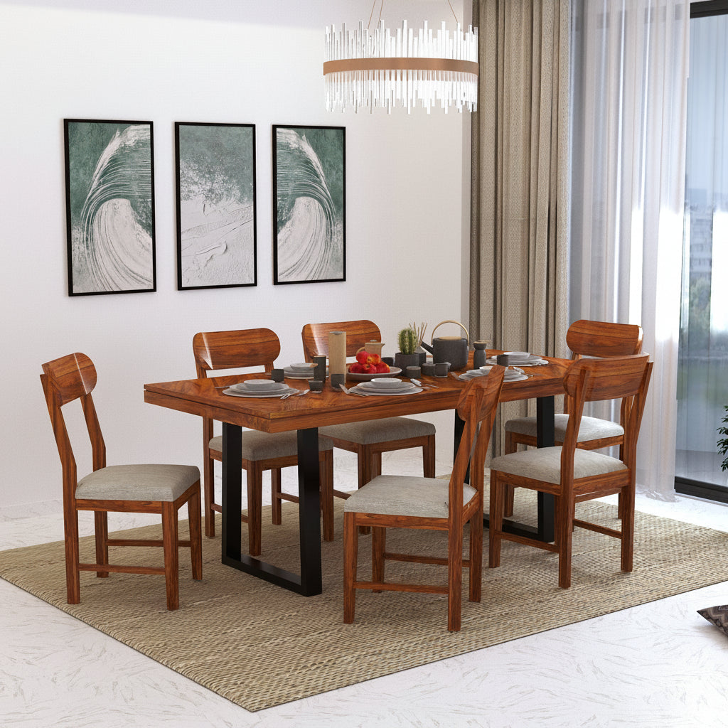 Wave Solid Sheesham Wood 6 Seater Dining Set With Iron Legs(Wave Detailing Top) - 3 Years Warranty