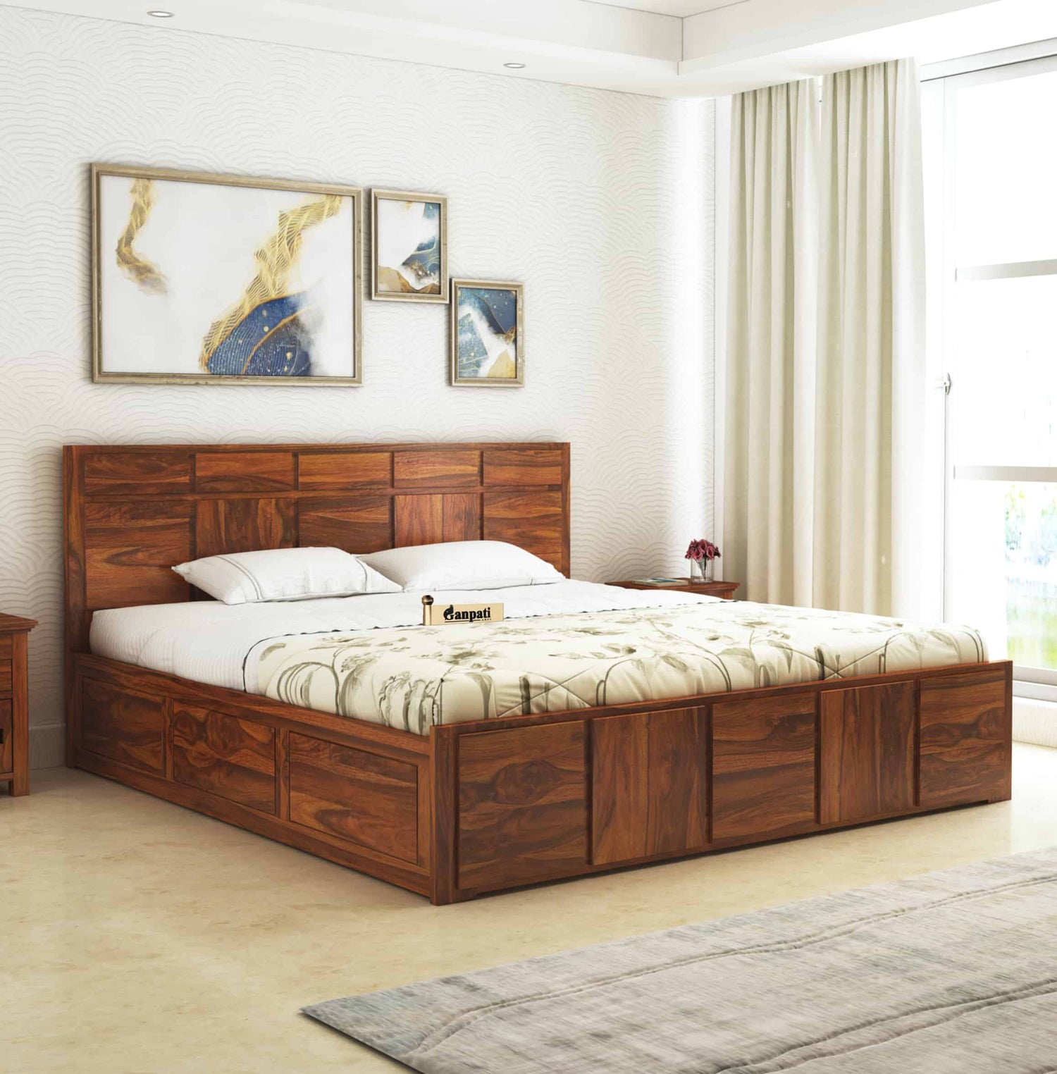 Scott Solid Sheesham Wood Bed With Box Storage - 3 Years Warranty