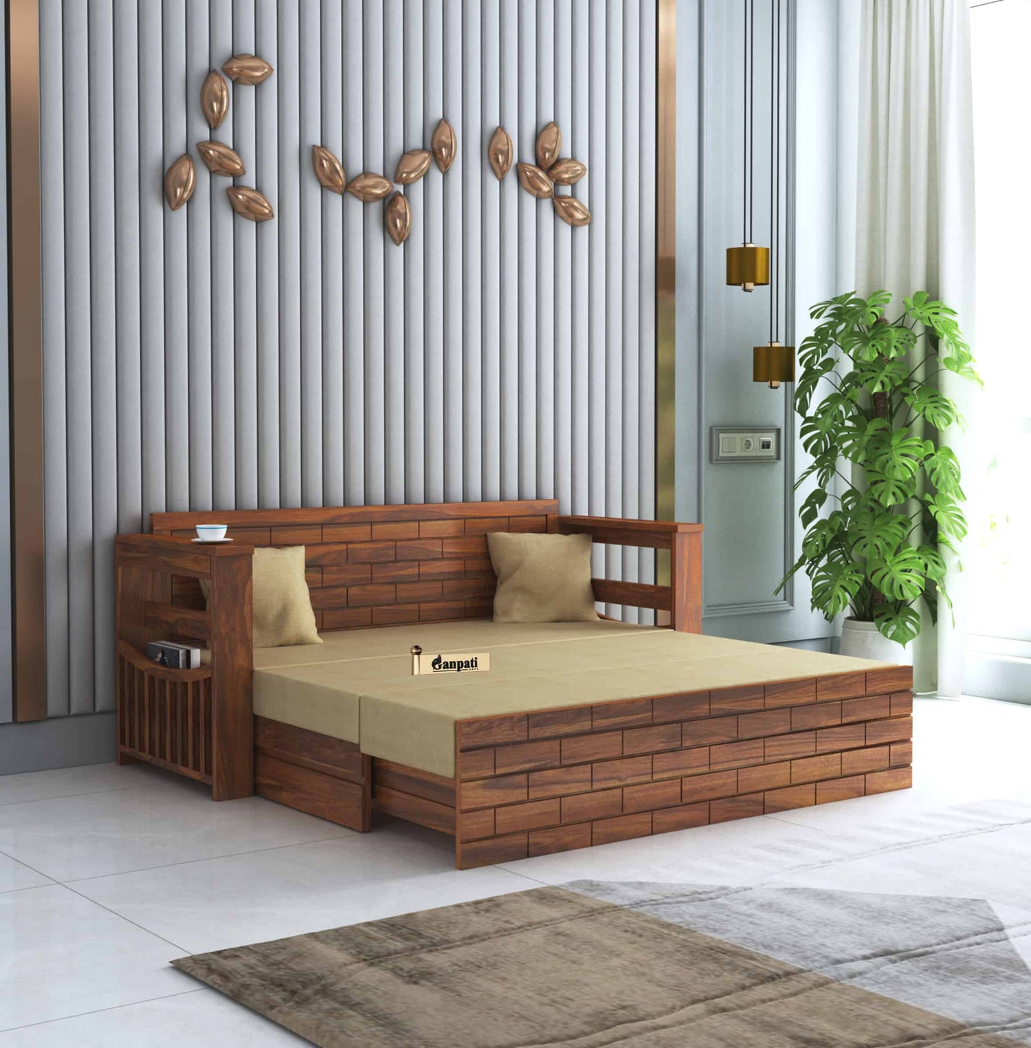 Italian Solid Sheesham Wood 3 Seater Sofa Cum Bed With Headboard and Mini Storage - 3 Year Warranty