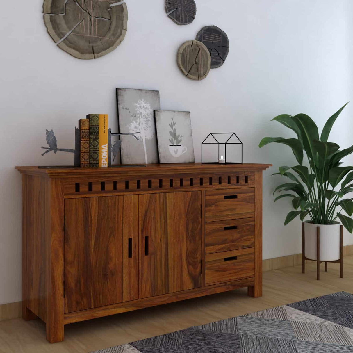 Armania Solid Sheesham Wood Sideboard With Doors and Drawer Storage - 3 Years Warranty
