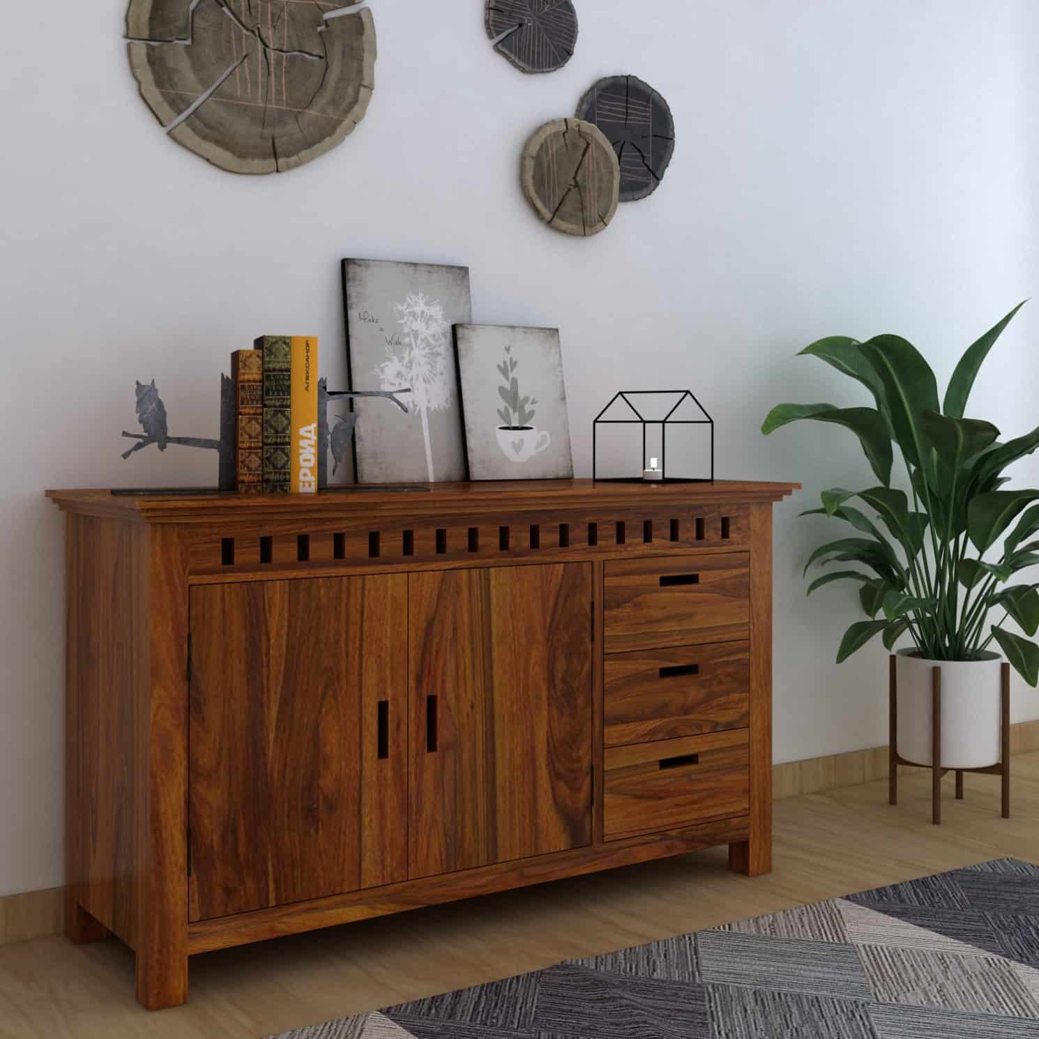 Armania Solid Sheesham Wood Sideboard With Doors and Drawer Storage - 3 Years Warranty