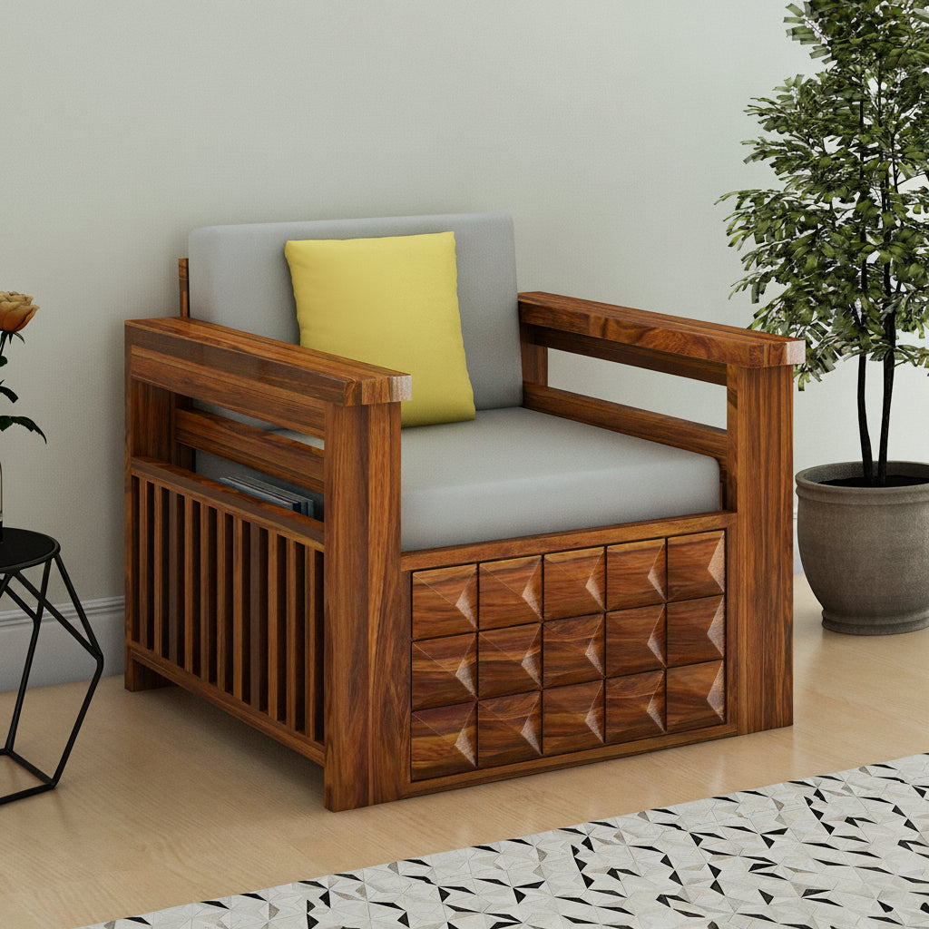 Oslo Solid Sheesham Wood Single Seater Sofa With Side Pockets - 3 Years Warranty