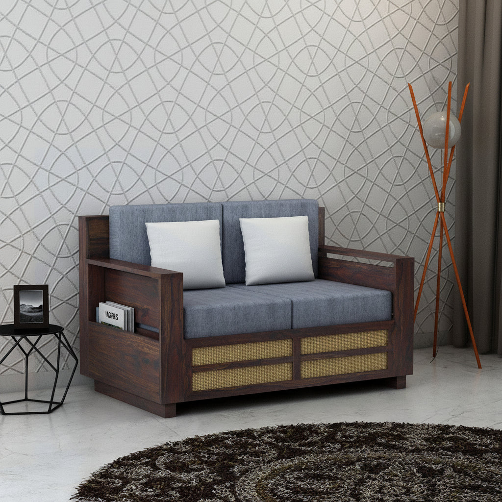 Syrus Solid Sheesham Wood 2 Seater Sofa With Side Pocket and Cane Design -3 Years Warranty