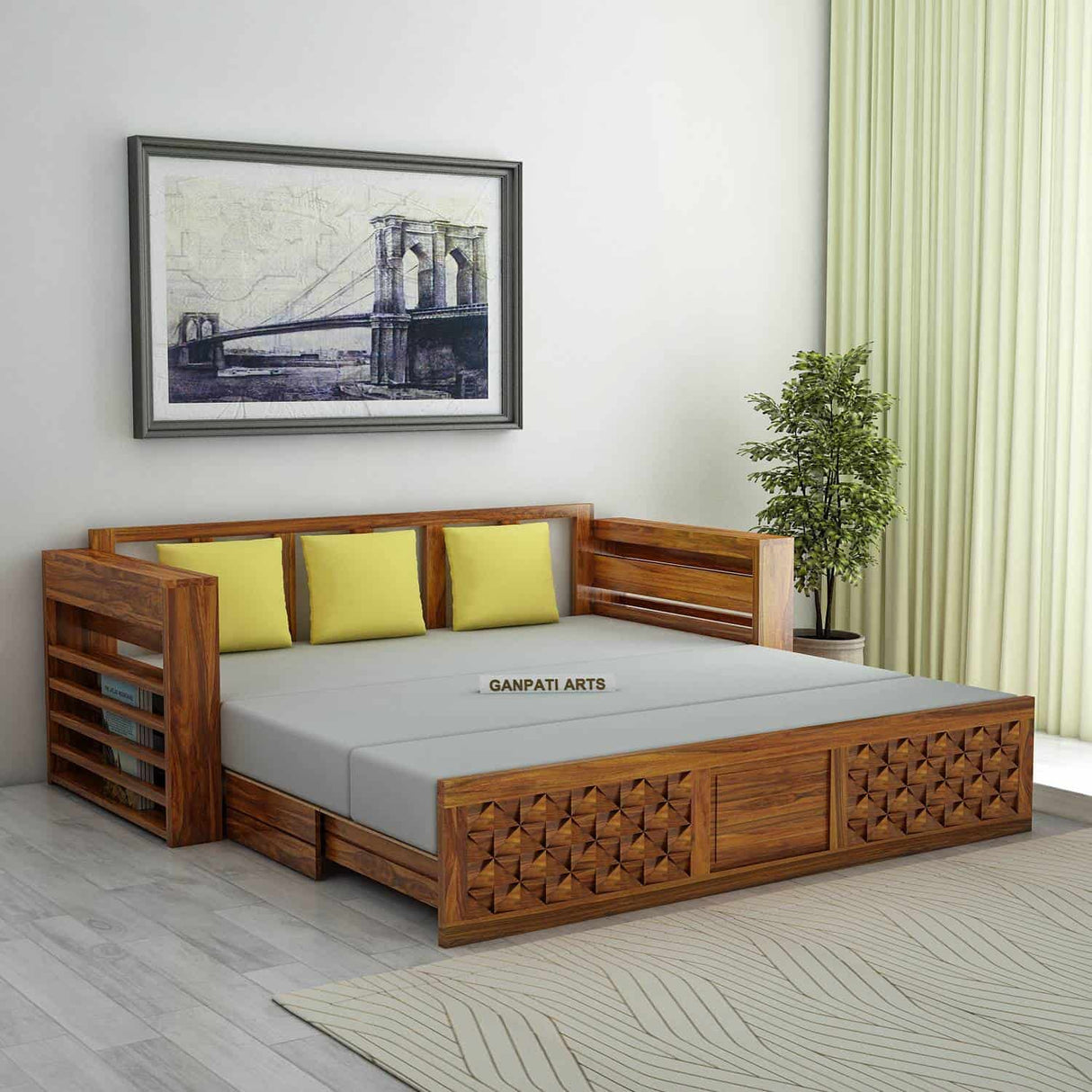 Raj Solid Sheesham Wood 3 Seater Sofa Cum Bed with Mini Storage and Side Pockets - 3 Years Warranty
