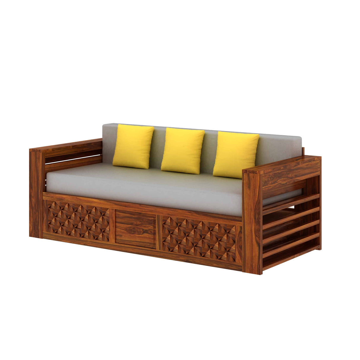 Raj Solid Sheesham Wood 3 Seater Sofa Cum Bed with Mini Storage and Side Pockets - 1 Year Warranty