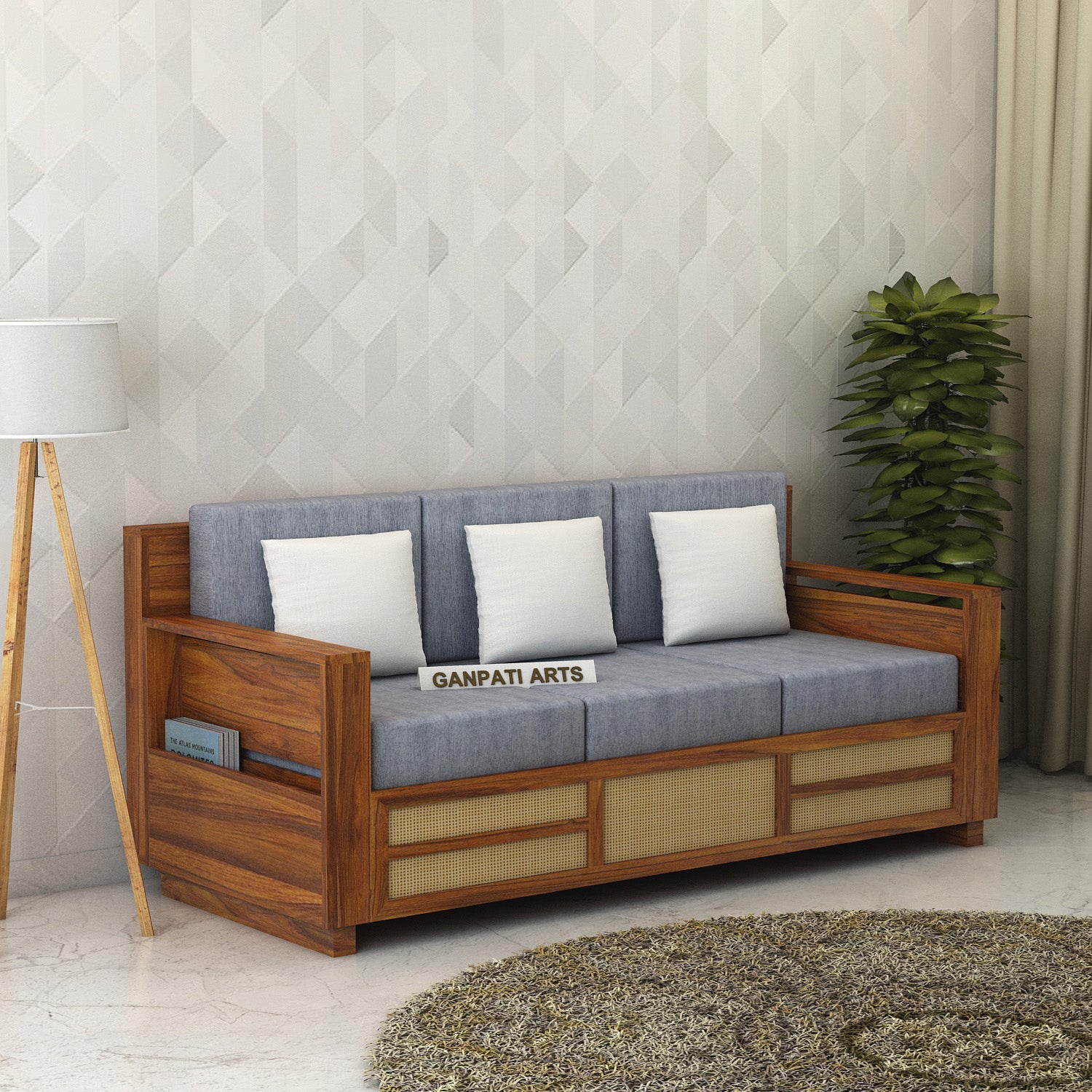 Syrus Solid Sheesham Wood 3 Seater Sofa With Side Pocket and Cane Design - 3 Year Warranty