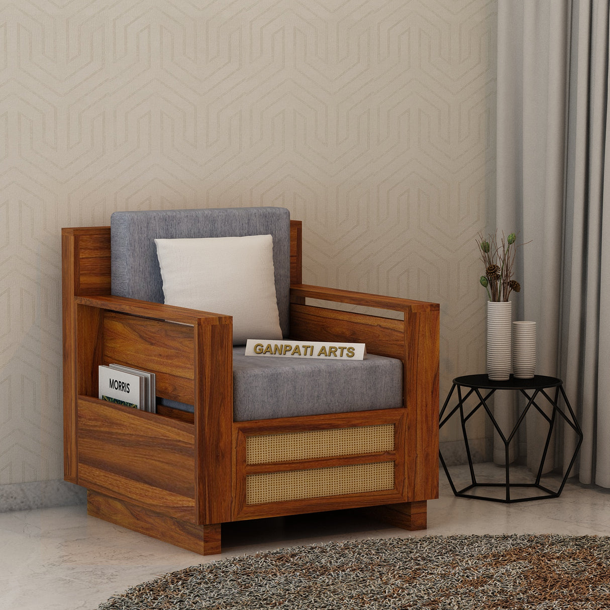 Syrus Solid Sheesham Wood Single Seater Sofa With Side Pocket and Cane Design - 3 Years Warranty