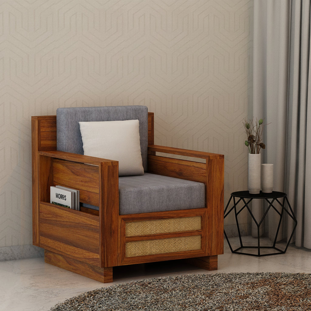 Syrus Solid Sheesham Wood Single Seater Sofa With Side Pocket and Cane Design - 3 Years Warranty