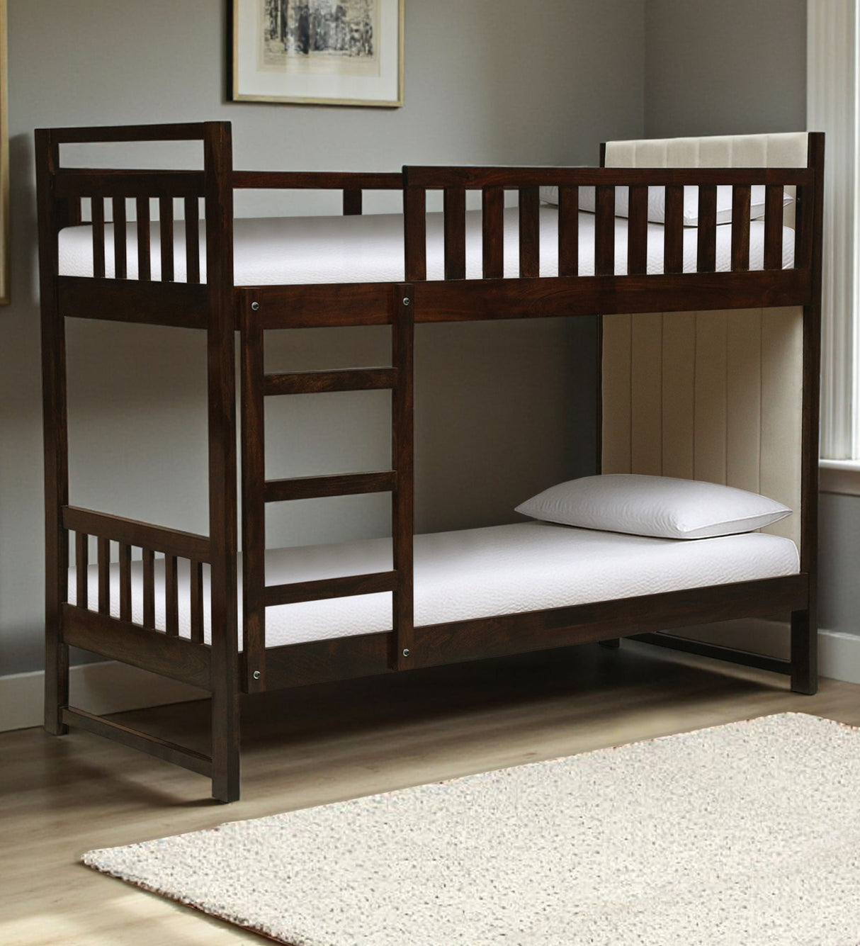 Swift Solid Sheesham Wood Bunk Bed Without Storage and Upholstered Headboard - 3 years Warranty