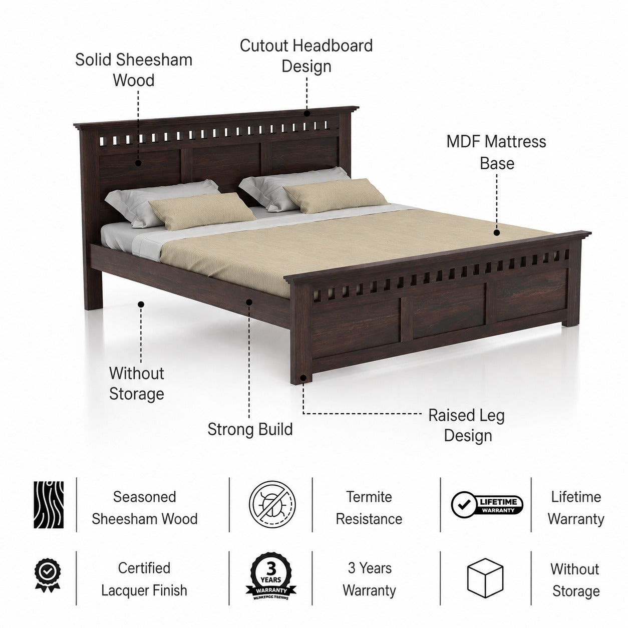 Armania Solid Sheesham Wood Bed Without Storage - 3 Years Warranty features