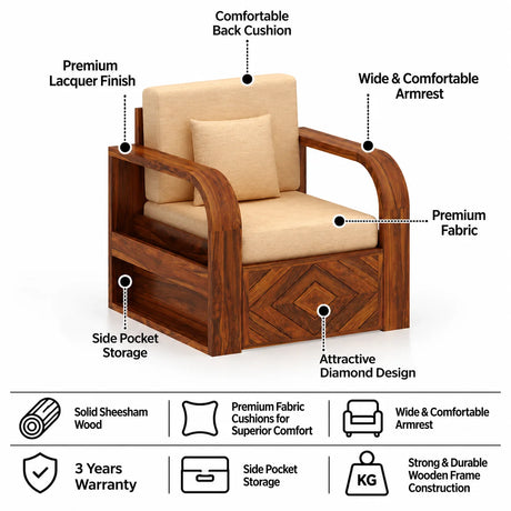 Wave Solid Sheesham Wood Single Seater Sofa With Side Pockets - 3 Years Warranty