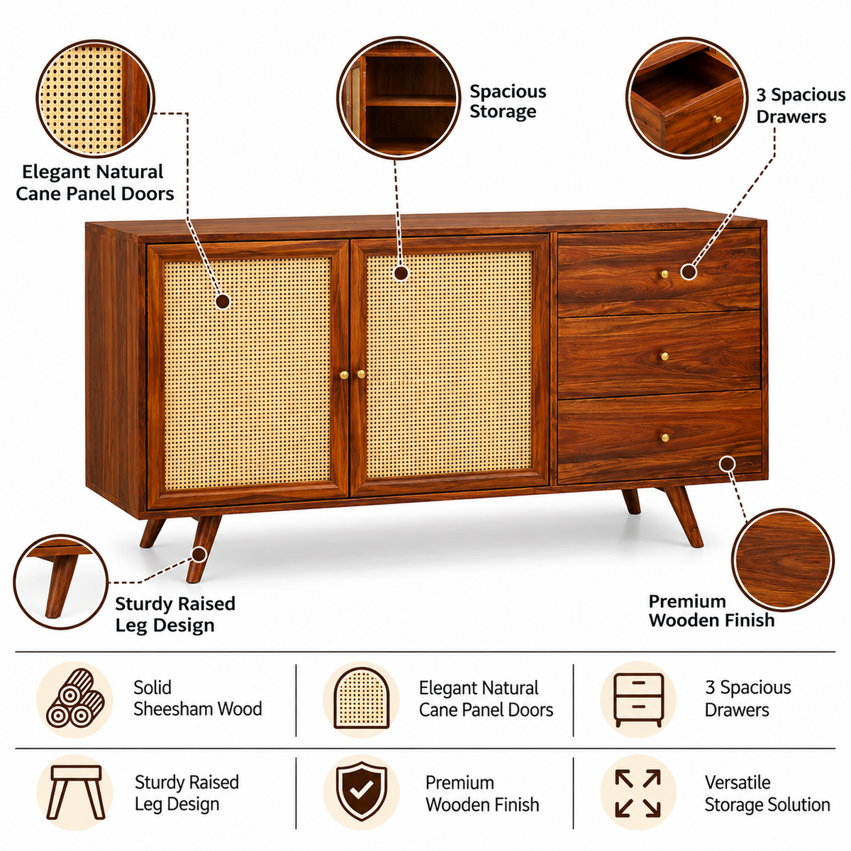 Syrus Solid Sheesham Wood Sideboard -  3 Years Warranty