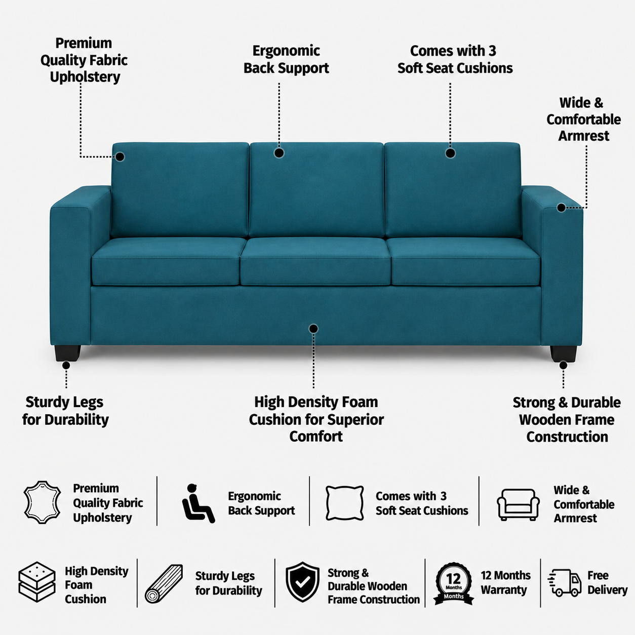 GOA Three Seater Upholstered Sofa Velvet - 12 Months Warranty features