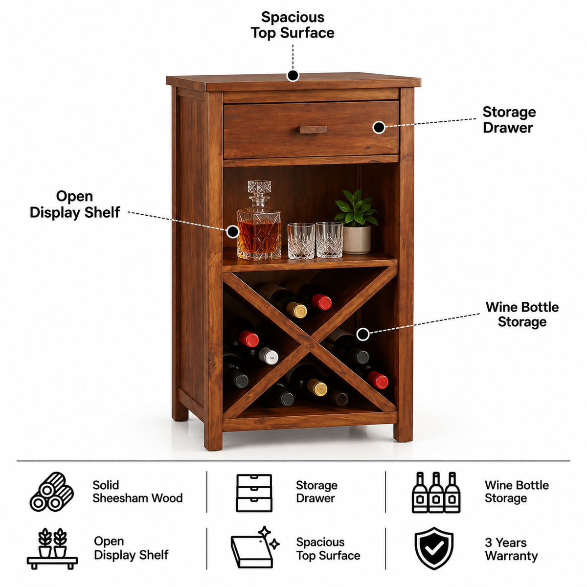 Spiky Solid Sheesham Wood Wine Display Unit - 3 Years Warranty features