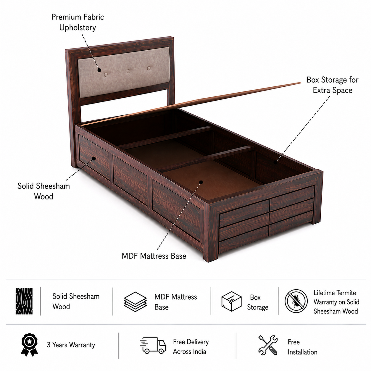 Euro Solid Sheesham Wood Single Bed With Box Storage - 3 Years Warranty features