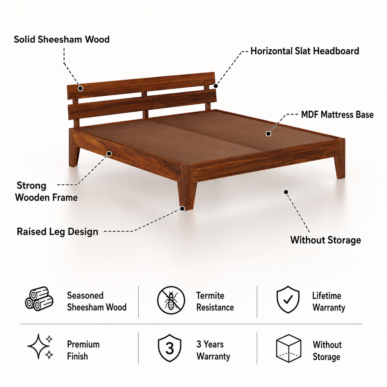 Spiky Solid Sheesham Wood Bed - 3 Years Warranty features