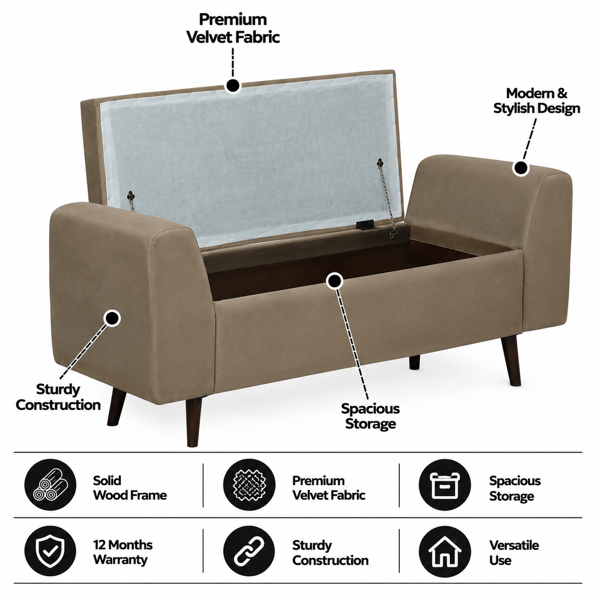 Mayor Upholstered Ottoman Bench With Storage - 12 Months Warranty(Brown) features