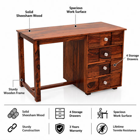 Fischer Solid Sheesham Wood Study Table With Storage- 3 Years Warranty