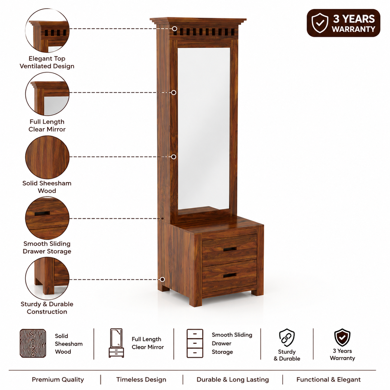 Armania Solid Sheesham Wood Dressing Table with Door and Drawer - 3 Years Warranty features