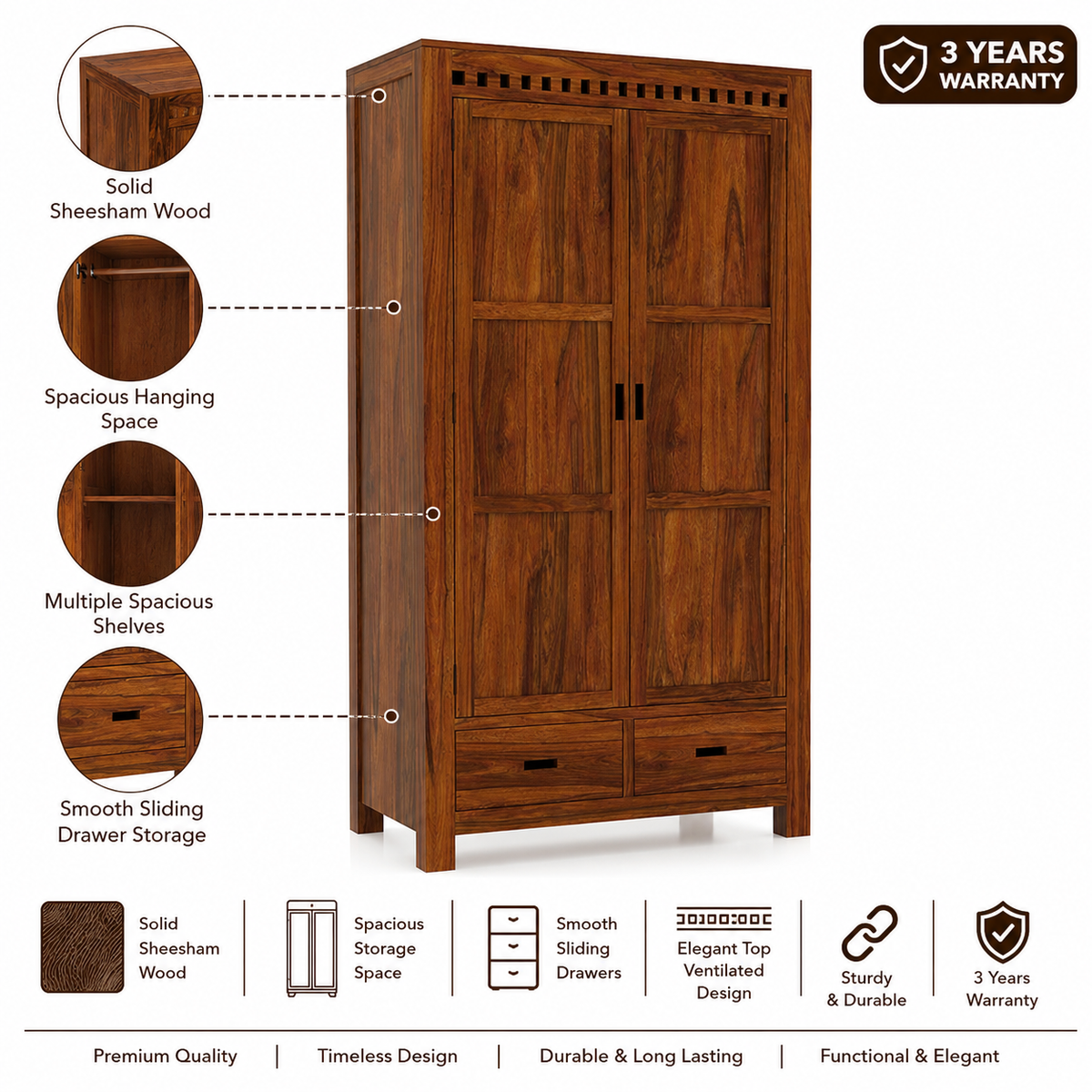 Armania Solid Sheesham Wood 2 door Wardrobe/Almirah - 3 years Warranty features