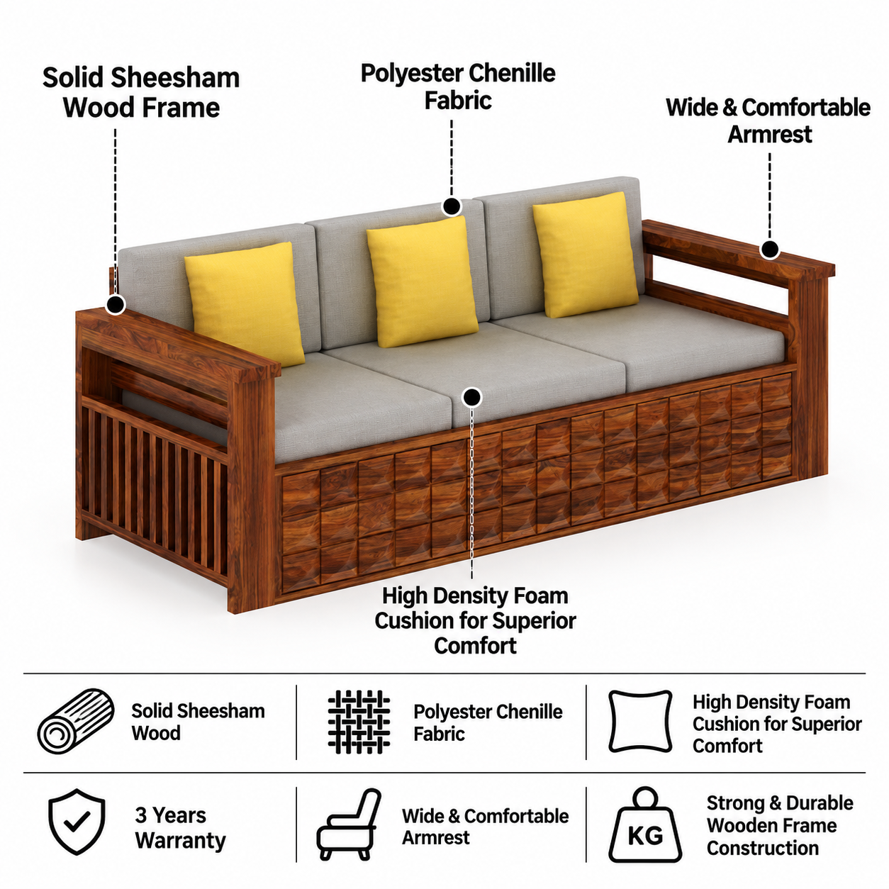 Oslo Solid Sheesham Wood 3 Seater Sofa With Side Pockets - 3 Years Warranty features