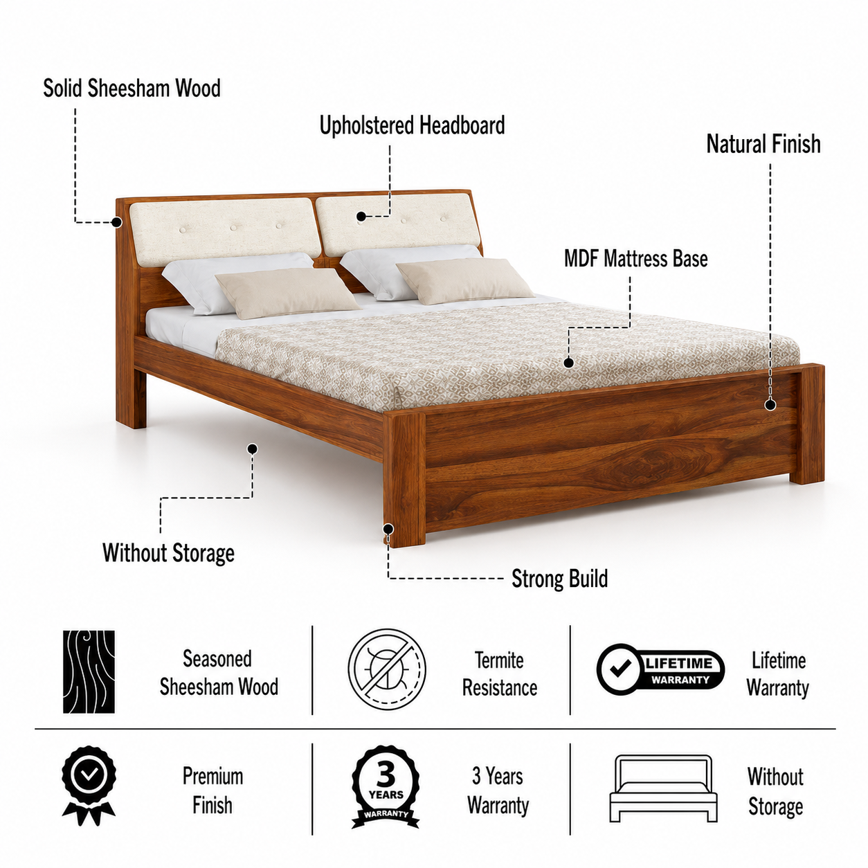 Victoria Solid Sheesham Wood Bed Without Storage - 3 years Warranty features