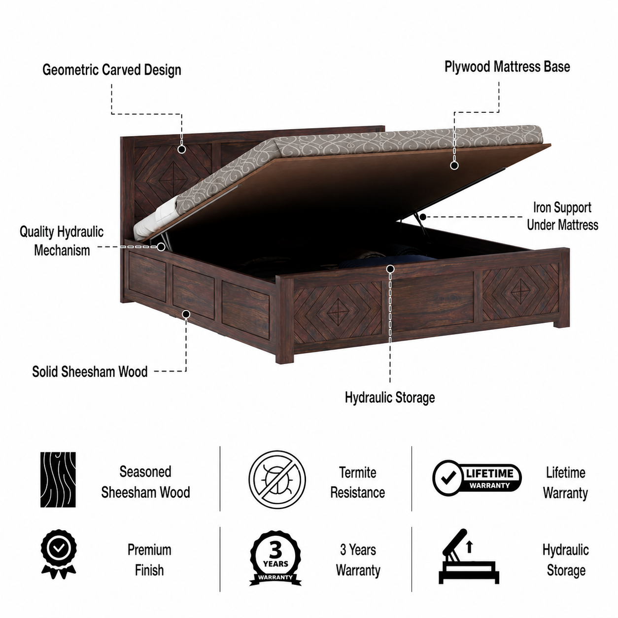 Wave Solid Sheesham Wood Bed with Hydraulic Storage - 3 Years Warranty features