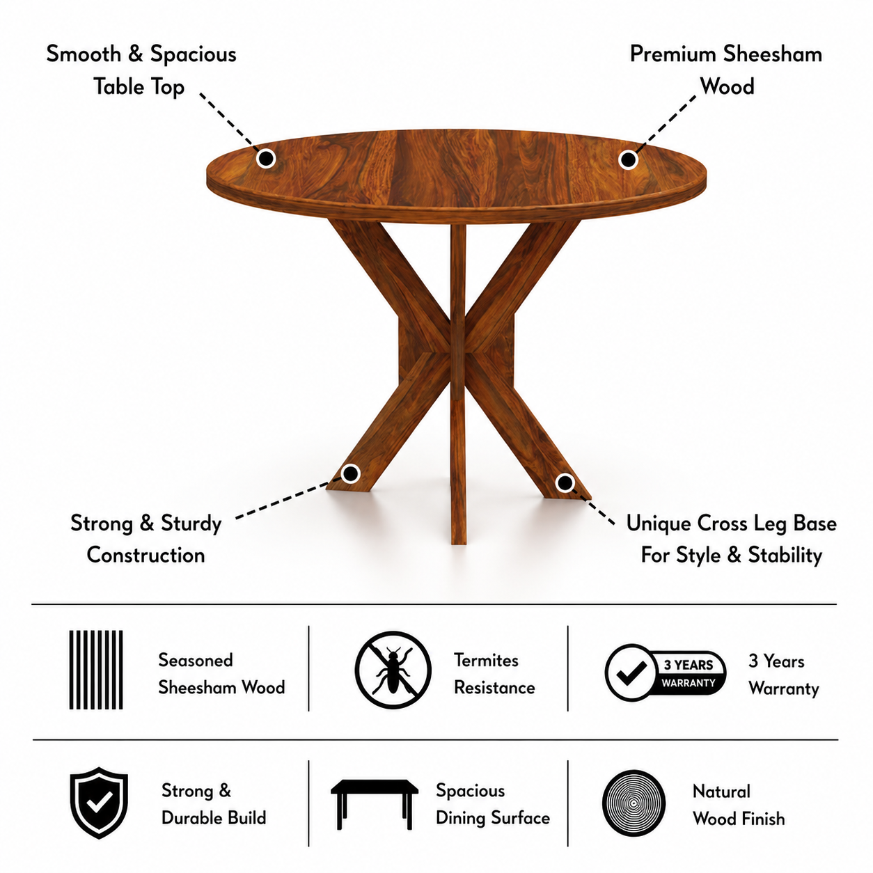 Maurus Oval Solid Sheesham Wood 4 Seater Dining Table Set - 3 Years Warranty features