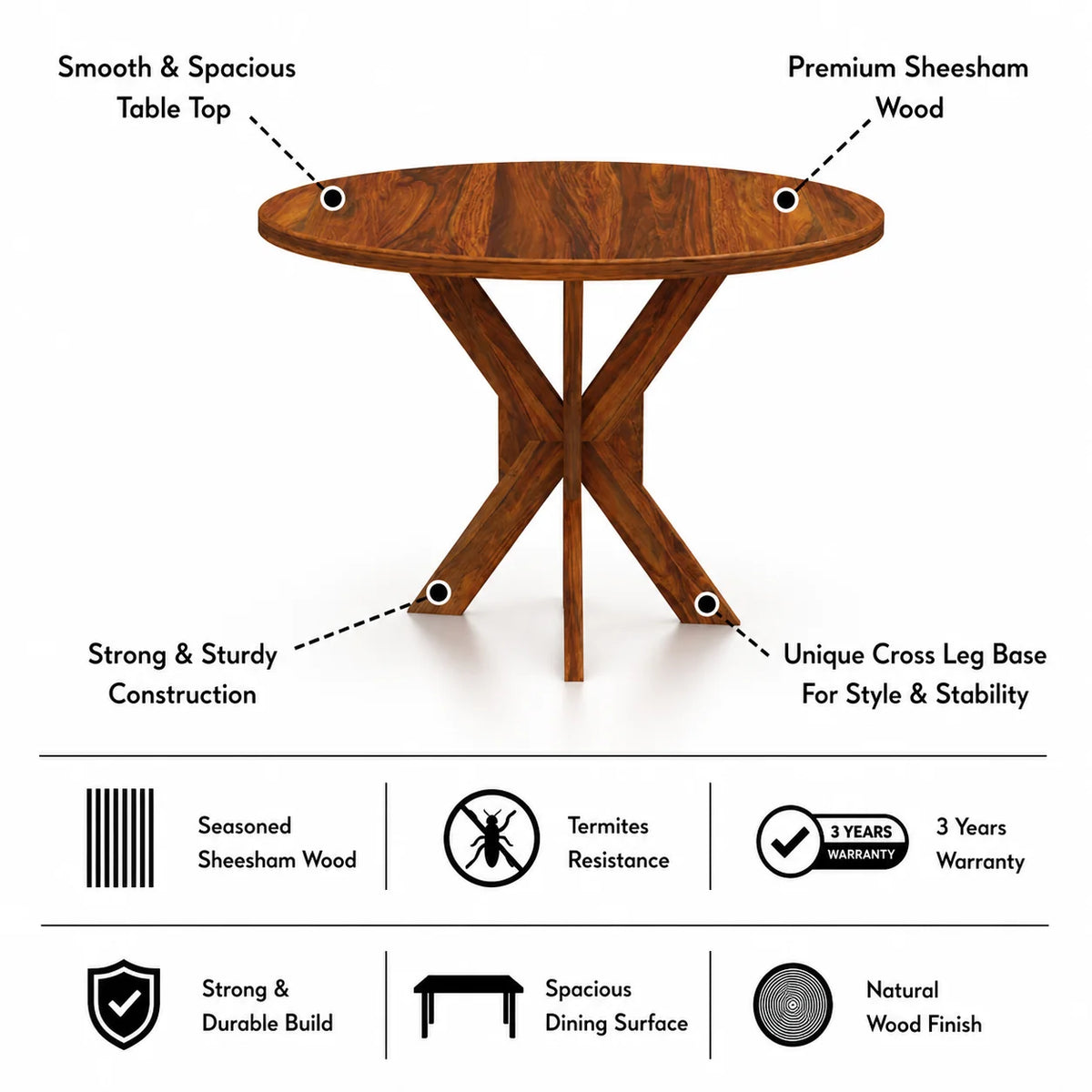 Maurus Oval Solid Sheesham Wood 4 Seater Dining Table - 3 Years Warranty features