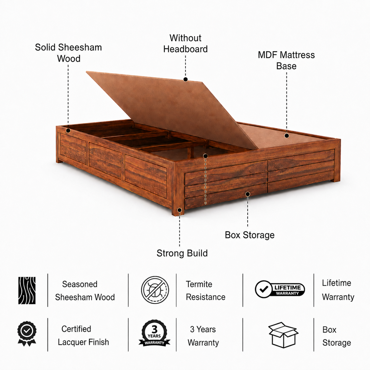 Italian Solid Sheesham Wood Bed With Box Storage Without Headboard - 3 Years Warranty features