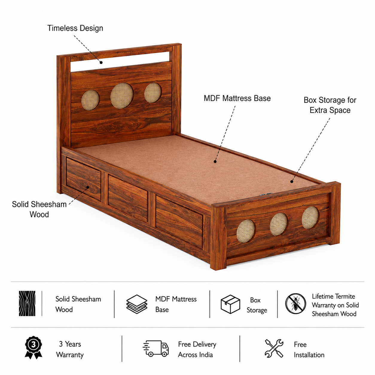Cosmos Solid Sheesham Wood Single Size Bed With Box Storage - 3 years Warranty features