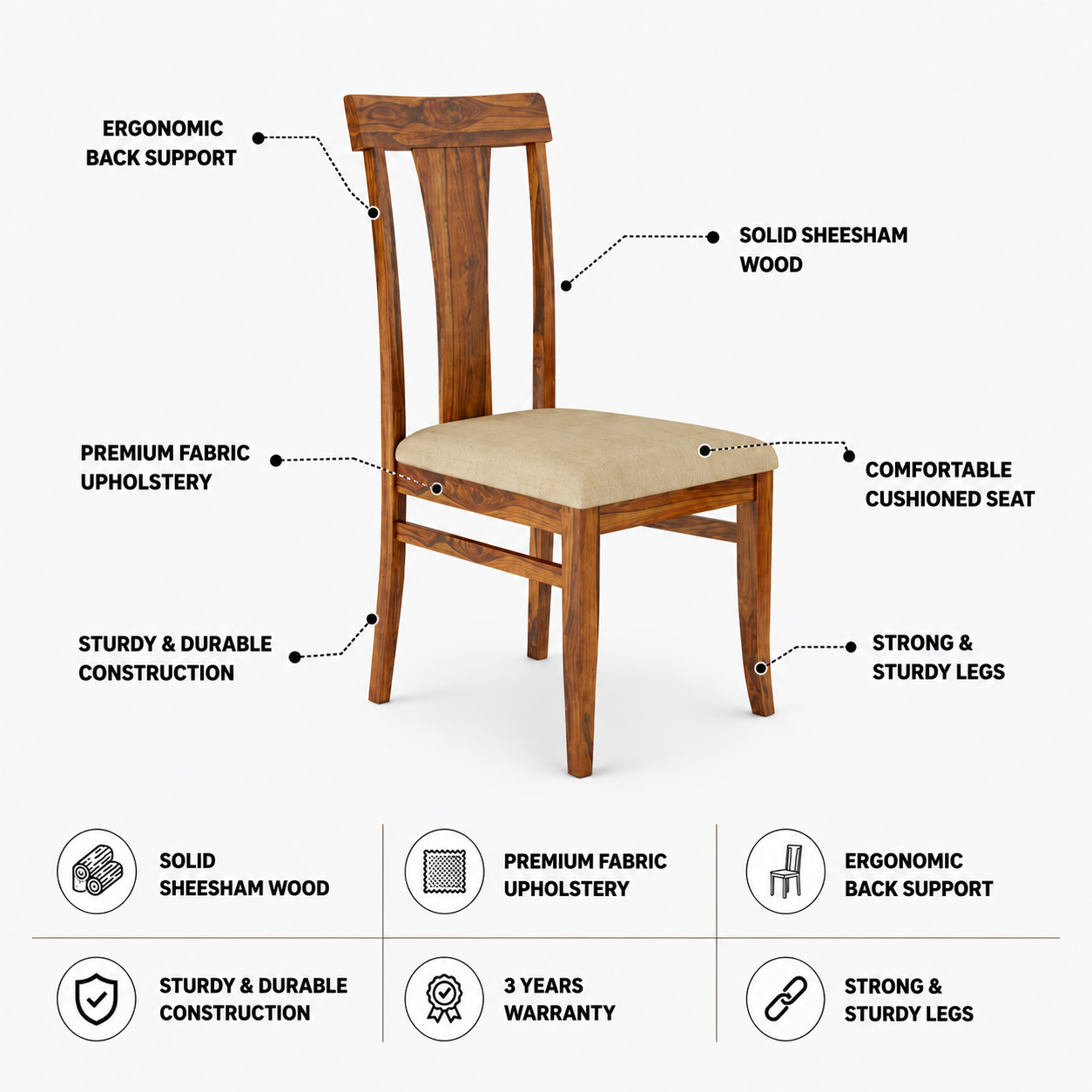 Maron Solid Sheesham Wood Dining Chair - 3 Years Warranty features